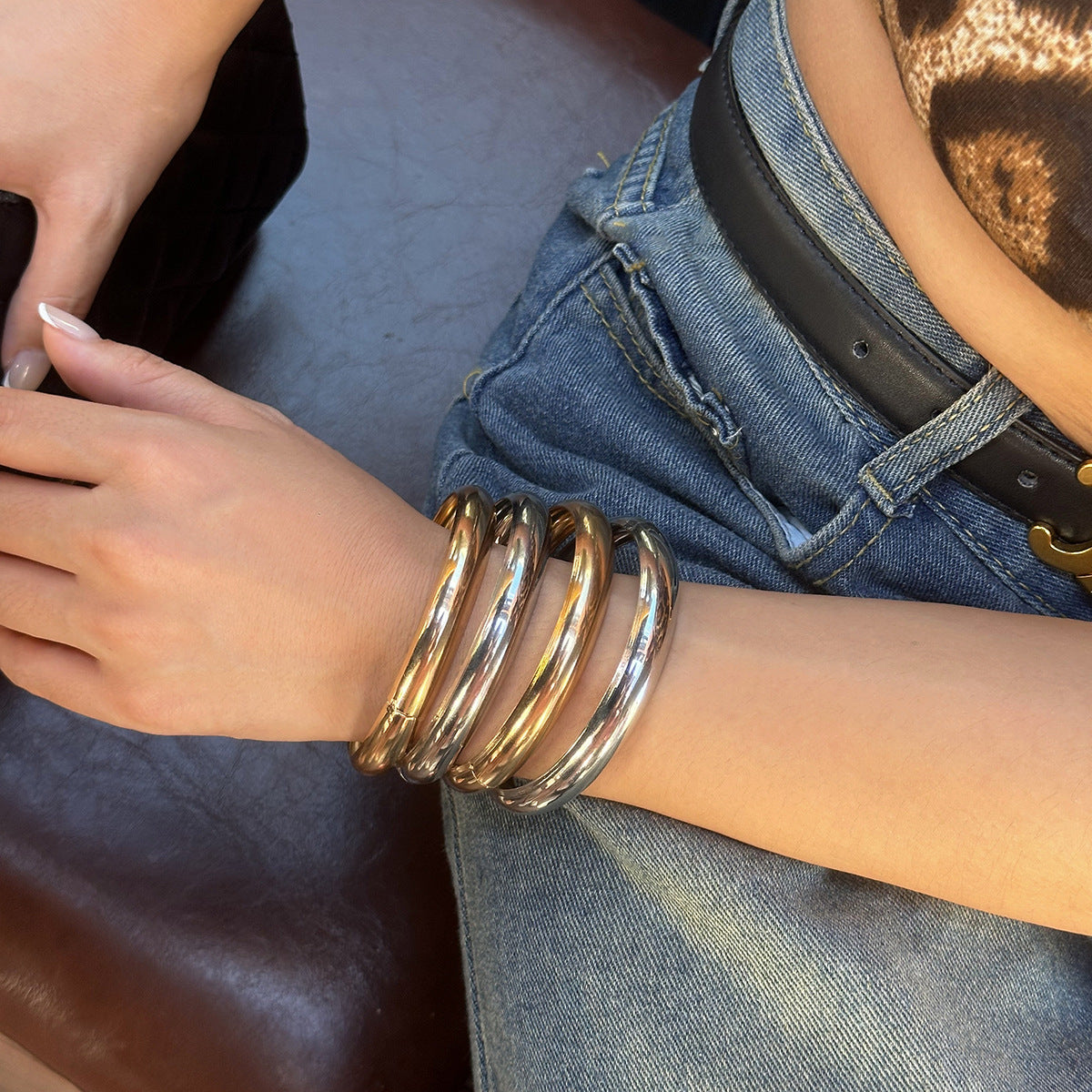 Stacked wind curved smooth surface bracelet with personalized and versatile metallic feel Bracelet set - V.I.P Digital Presence