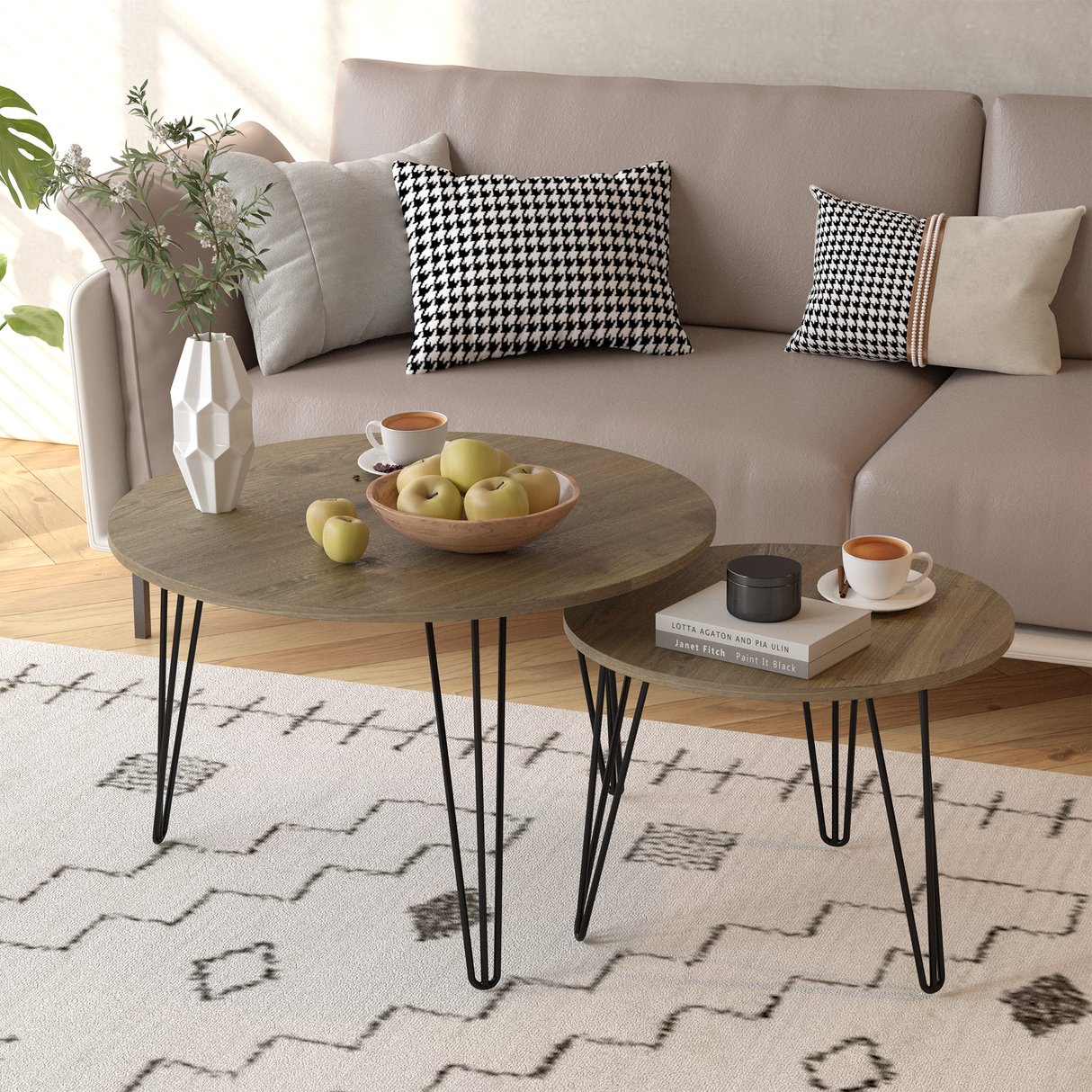 27.56'' Round Nesting Coffee Table Set of 2, Circular Nesting End Table Set Sturdy Metal Base for Living Room, bedroom, Brown - V.I.P Digital Presence