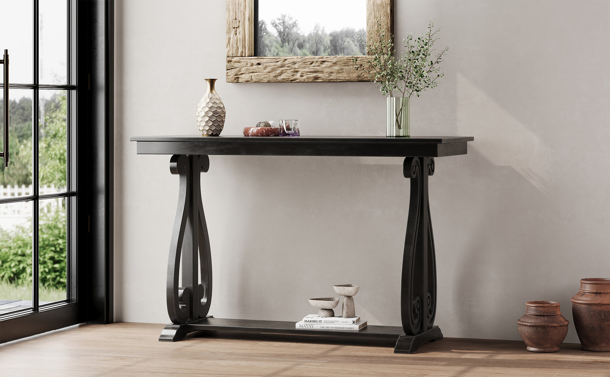 48-Inch Rustic Vintage Console Table --- Farmhouse Style Entryway Table with Open Shelf and Sturdy Construction (Black) - V.I.P Digital Presence