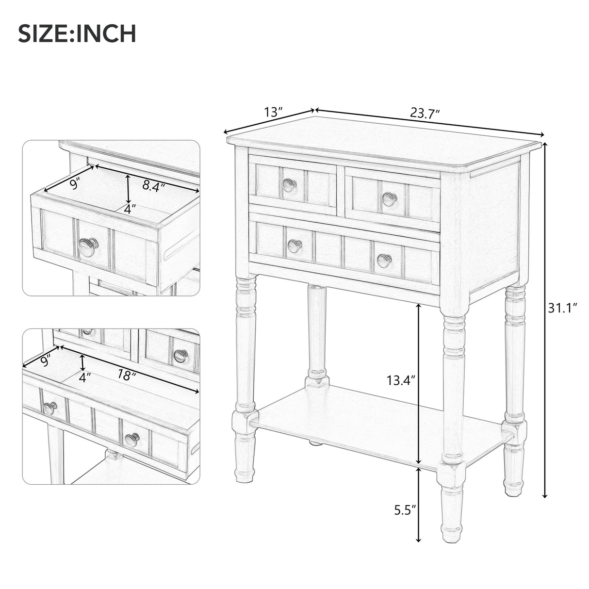 TREXM Narrow Console Desk, Thin Sofa Table with Three Storage Drawers and Living Room Bottom Shelves (Grey Washed) - V.I.P Digital Presence