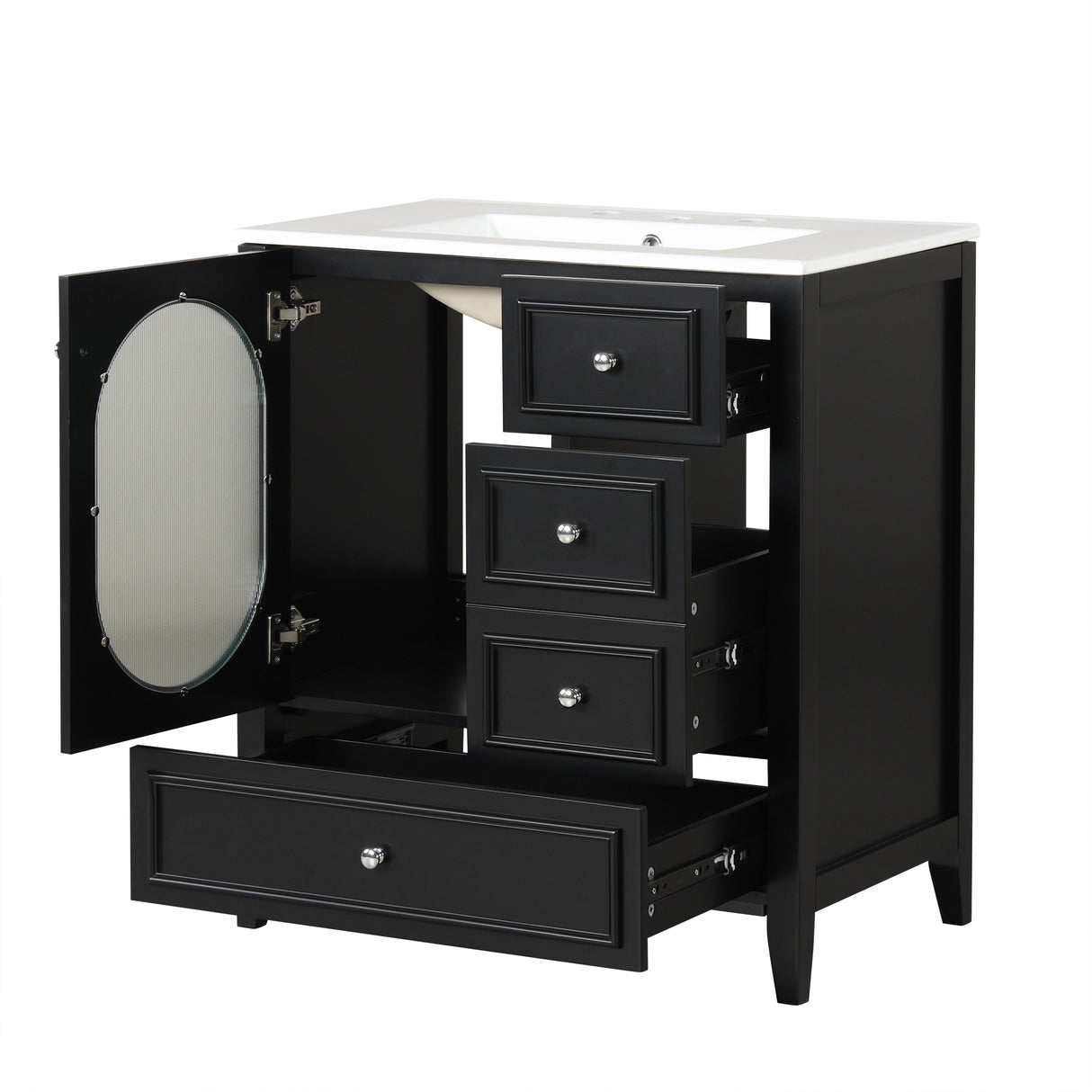 30" Bathroom Vanity with Sink, Bathroom Vanity Cabinet with Three Drawers and Door, Solid Wood and MDF, Black - V.I.P Digital Presence