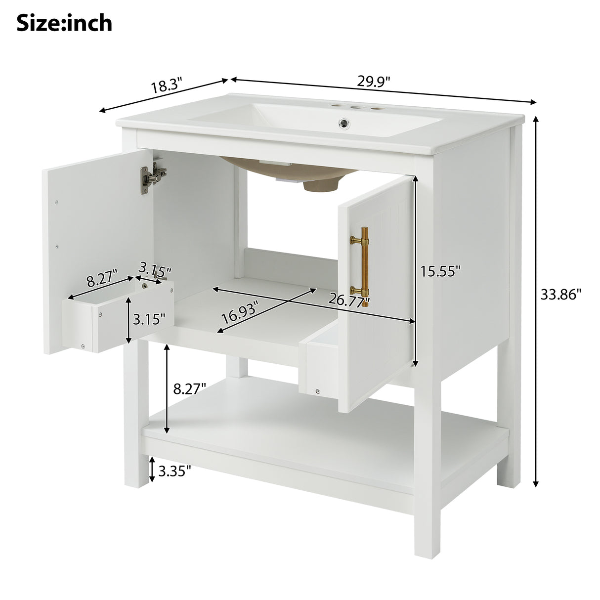 30-Inch White Bathroom Vanity with Ceramic Sink and Versatile Storage - Ideal for Small Bathrooms - V.I.P Digital Presence