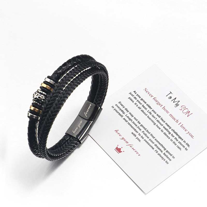 Stainless steel multi-layer woven bracelet men's titanium steel fashionable leather bracelet engraved gift - V.I.P Digital Presence