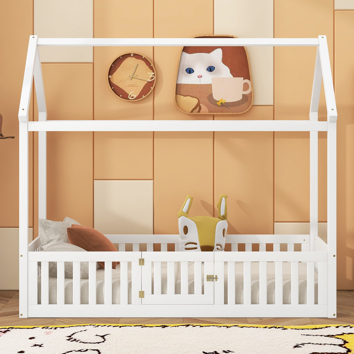 Twin Size Wood House Bed with Fence and Door, White - V.I.P Digital Presence