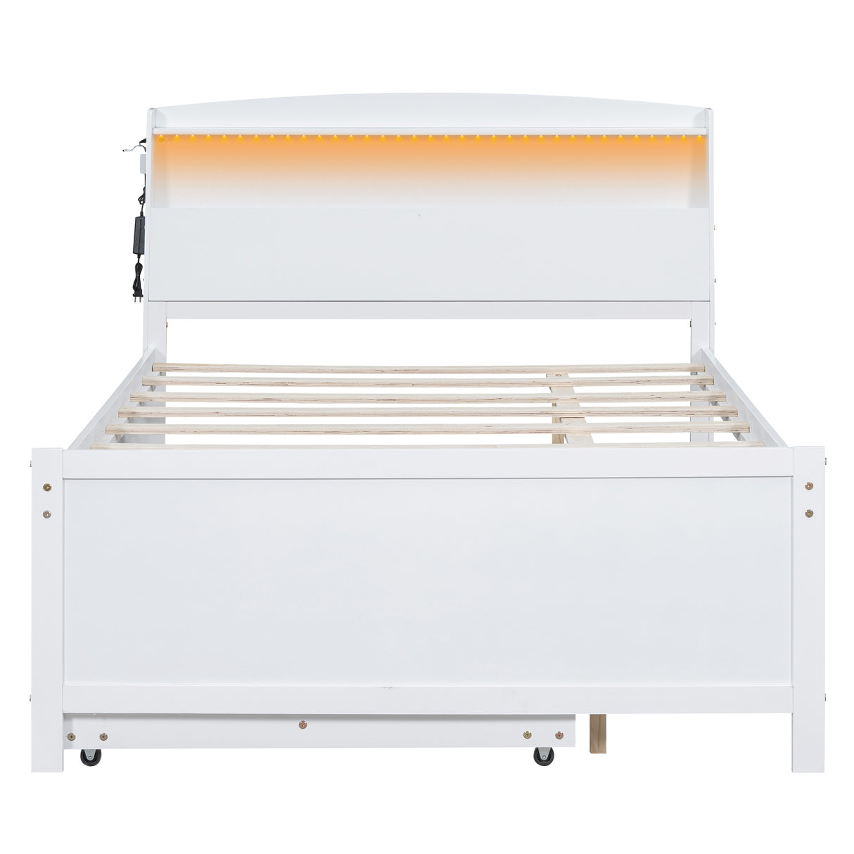 Full Size Platform Bed with Storage LED Headboard Twin Size Trundle and 3 Drawers White
