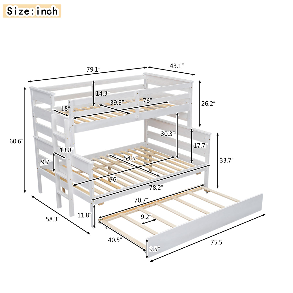 Wood Twin over Full Bunk Bed with Twin Size Trundle White