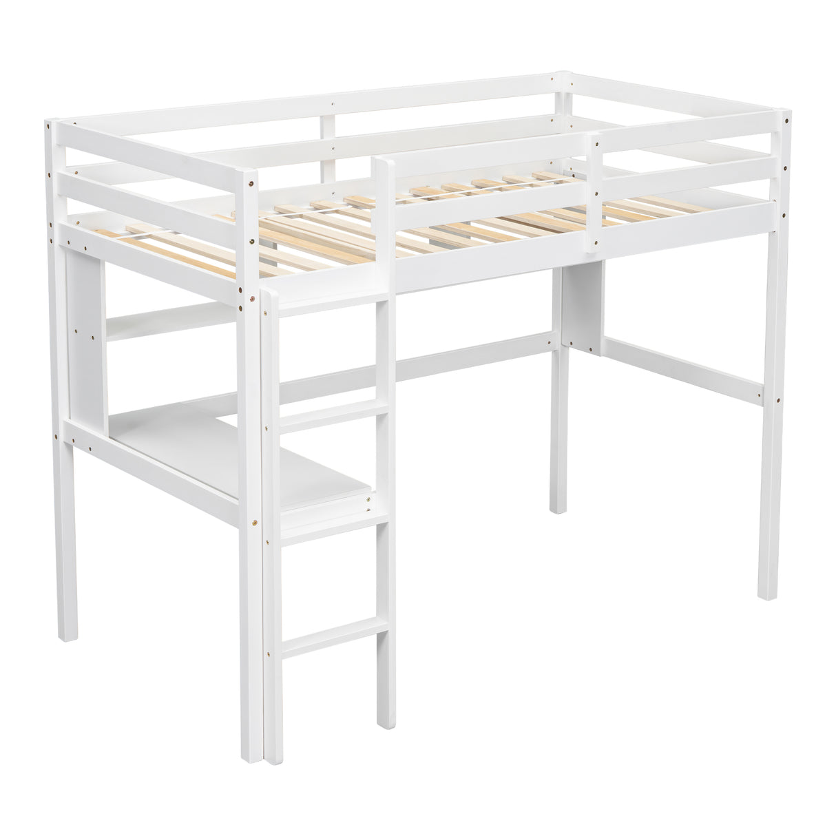 Twin Loft Bed with built-in desk and bookcase of three compartments, Guardrails and Ladder,White - V.I.P Digital Presence