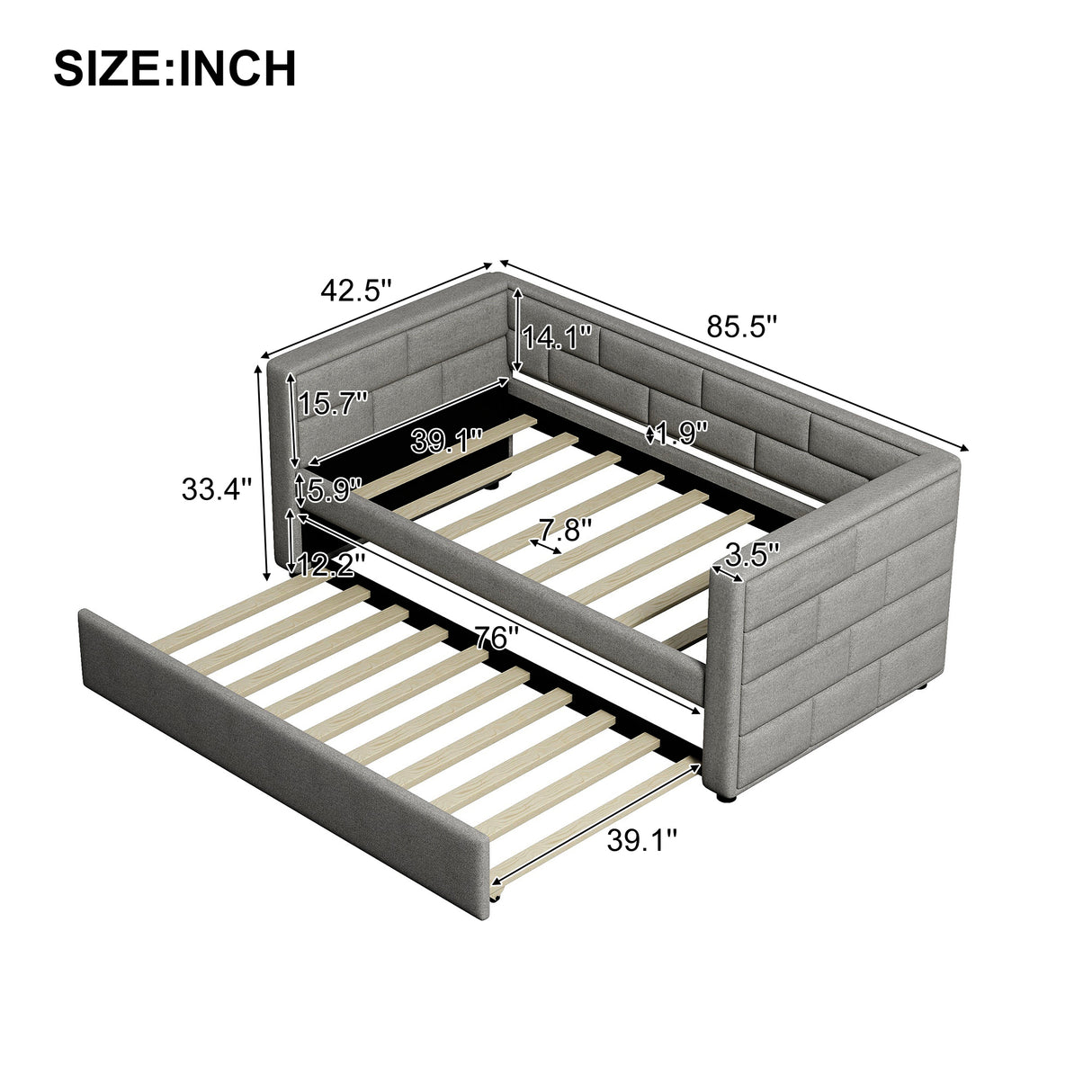 Twin Size Daybed with Trundle Upholstered Daybed with Padded Back Gray