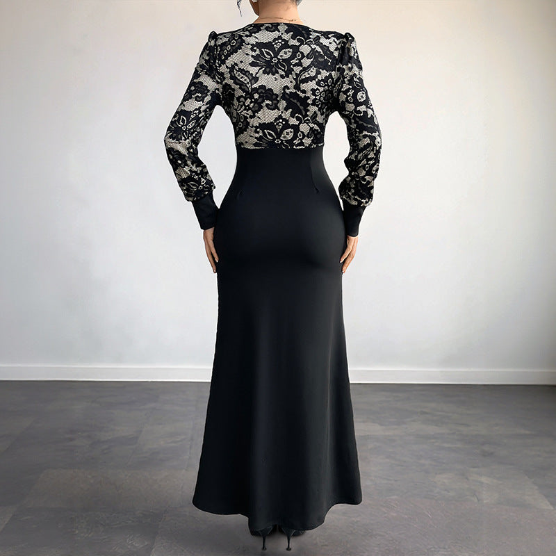 Sexy Retro Lace Splicing Long Sleeve V-neck Dress for Evening and Date - V.I.P Digital Presence