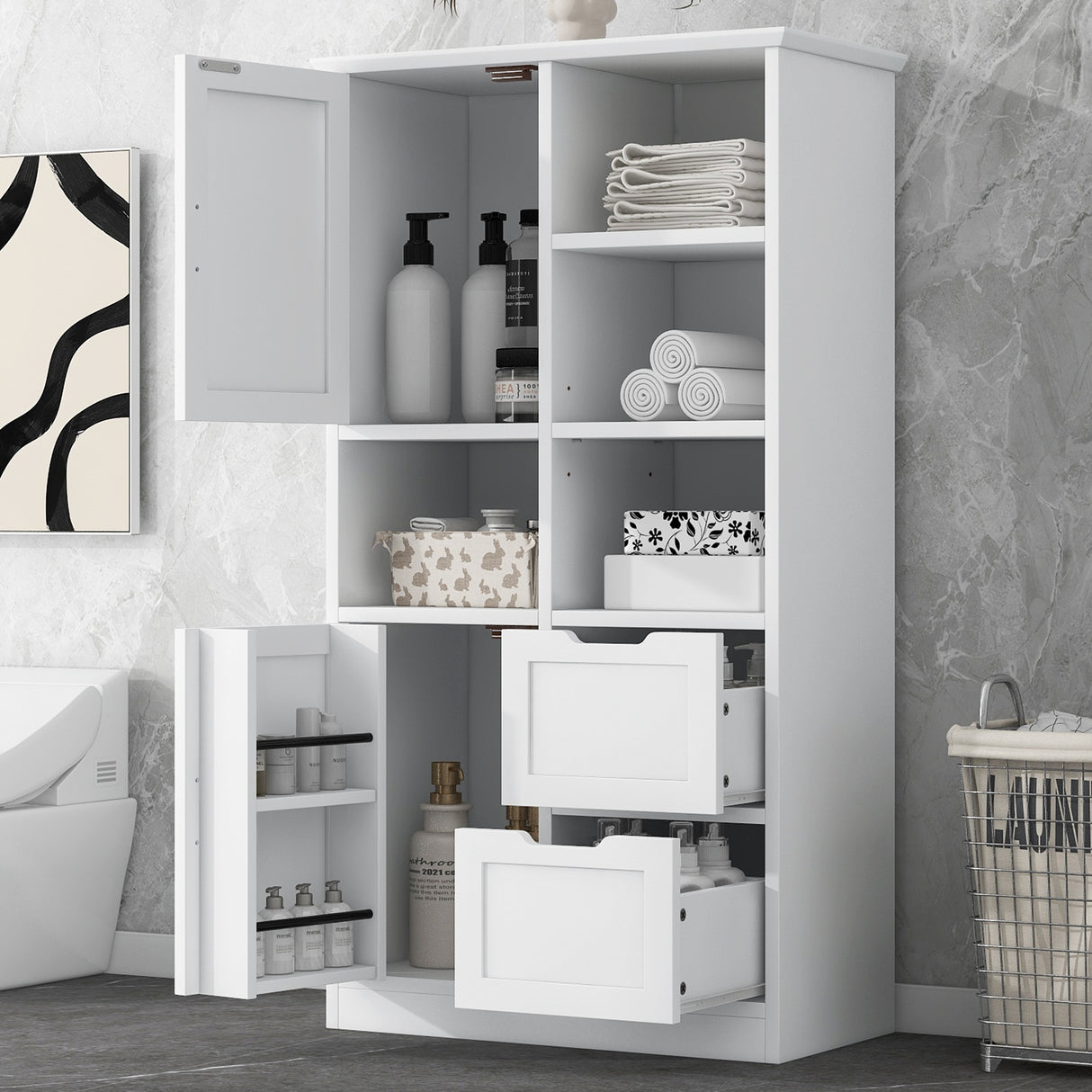 Bathroom storage cabinet with doors and drawers, multiple storage spaces, independent, open adjustable shelves, white - V.I.P Digital Presence