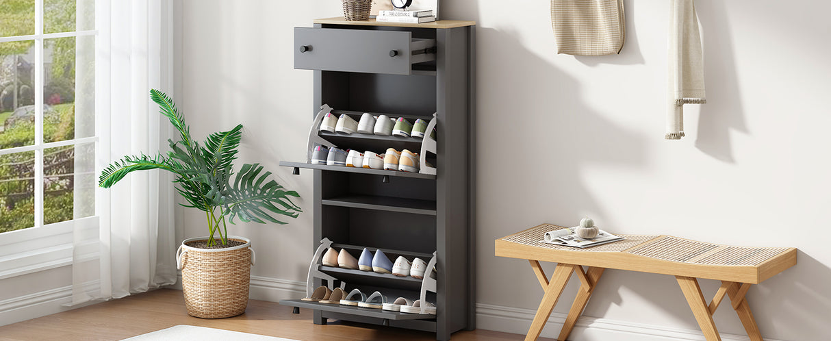 ONTREND functional with 2 flipped drawers, top shoe cabinet with adjustable panel, independent shoe rack, gray - V.I.P Digital Presence
