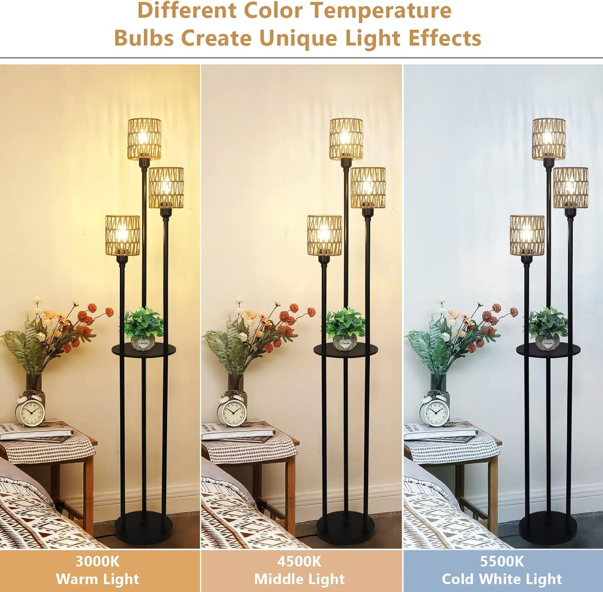 Boho Floor Lamp with Shelves 3-Lights Farmhouse Tall Floor Lamp with ON/OFF Foot Switch Rustic Standing Lamp with Rattan Shades - V.I.P Digital Presence