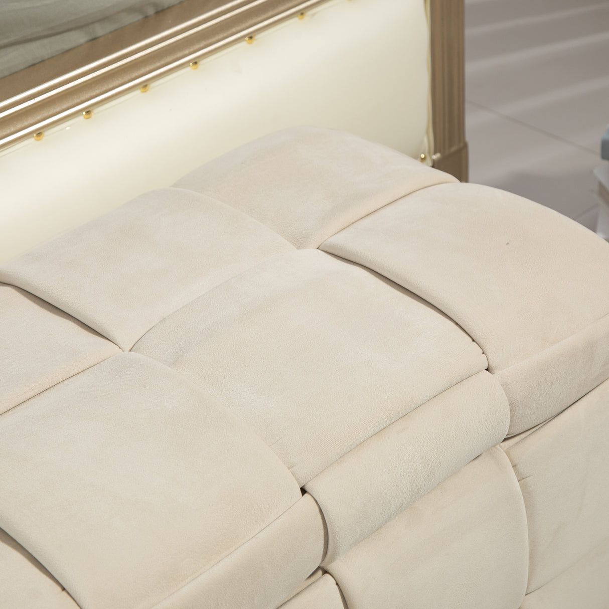COOLMOR storage Ottoman chair, bedroom end stool, cushioned fabric entrance cushioned footstool with safety hinge (beige) - V.I.P Digital Presence