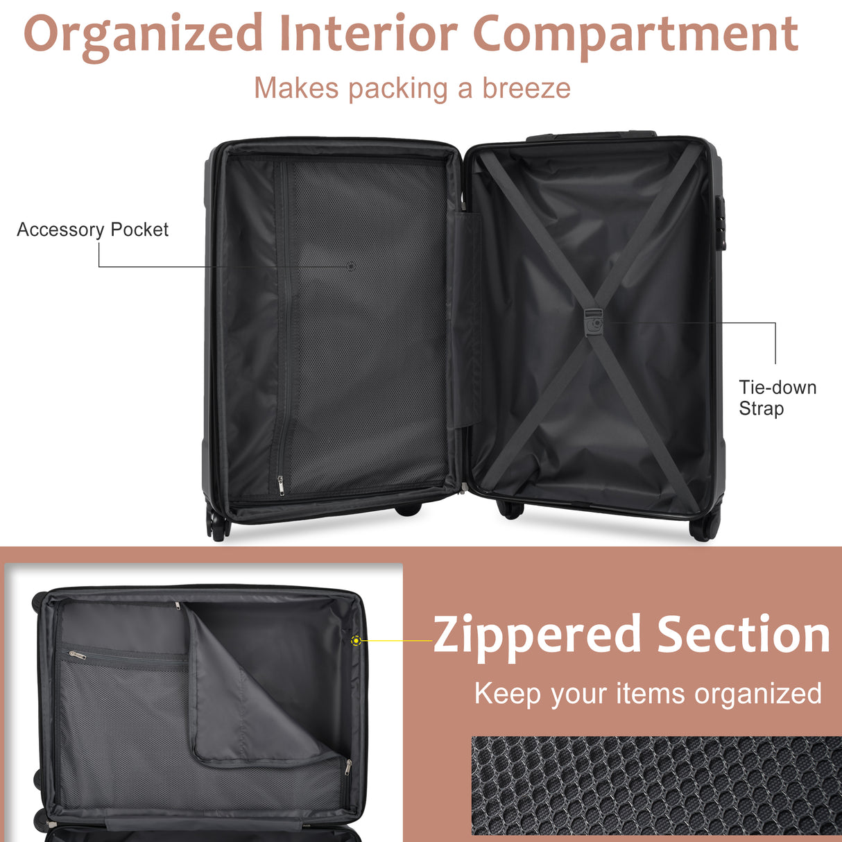 Hard shell luggage set 6-piece luggage set, expandable lightweight wheeled luggage, TSA lock, black brown - V.I.P Digital Presence
