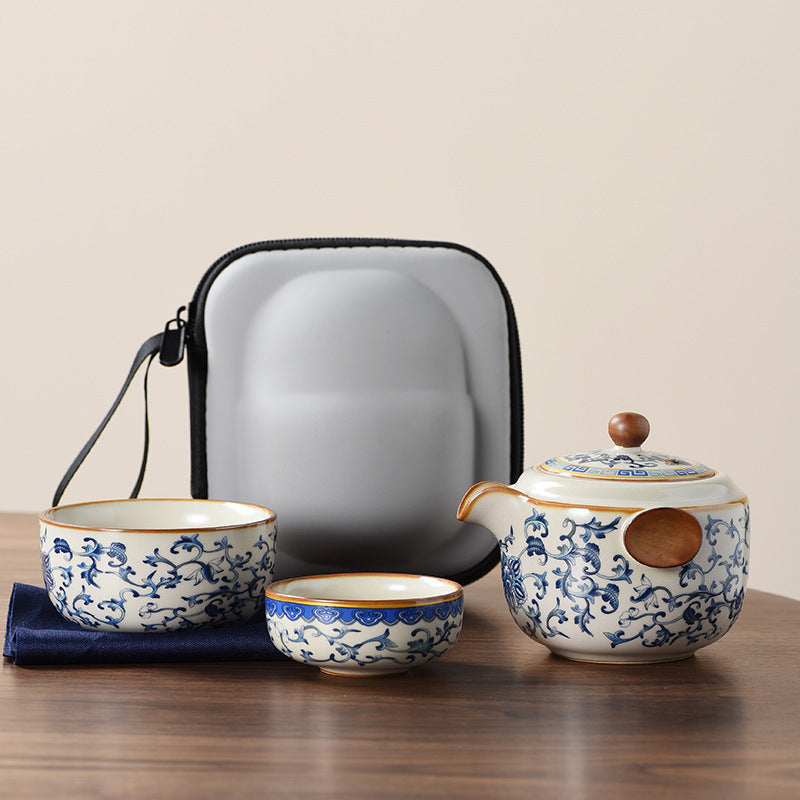 Blue and white beige Ru kiln travel tea set one pot three cups outdoor portable entwined lotus ceramic retro teapot - V.I.P Digital Presence