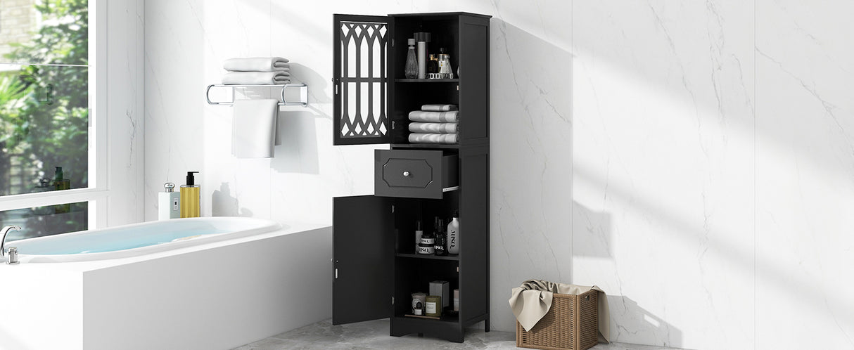 Tall Bathroom Cabinet, Freestanding Storage Cabinet with Drawer and Doors, MDF Board, Acrylic Door, Adjustable Shelf, Black - V.I.P Digital Presence