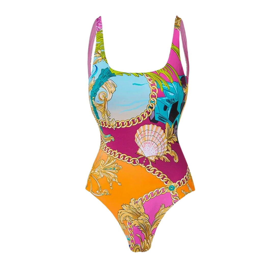 Cartoon print contrasting one-piece swimsuit set for women - V.I.P Digital Presence
