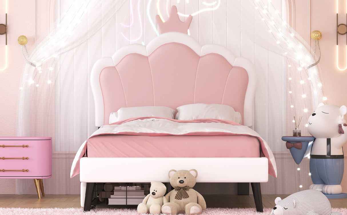 Twin cushion princess bed with crown headboard and 2 drawers with headboard and footrest, pink+white - V.I.P Digital Presence