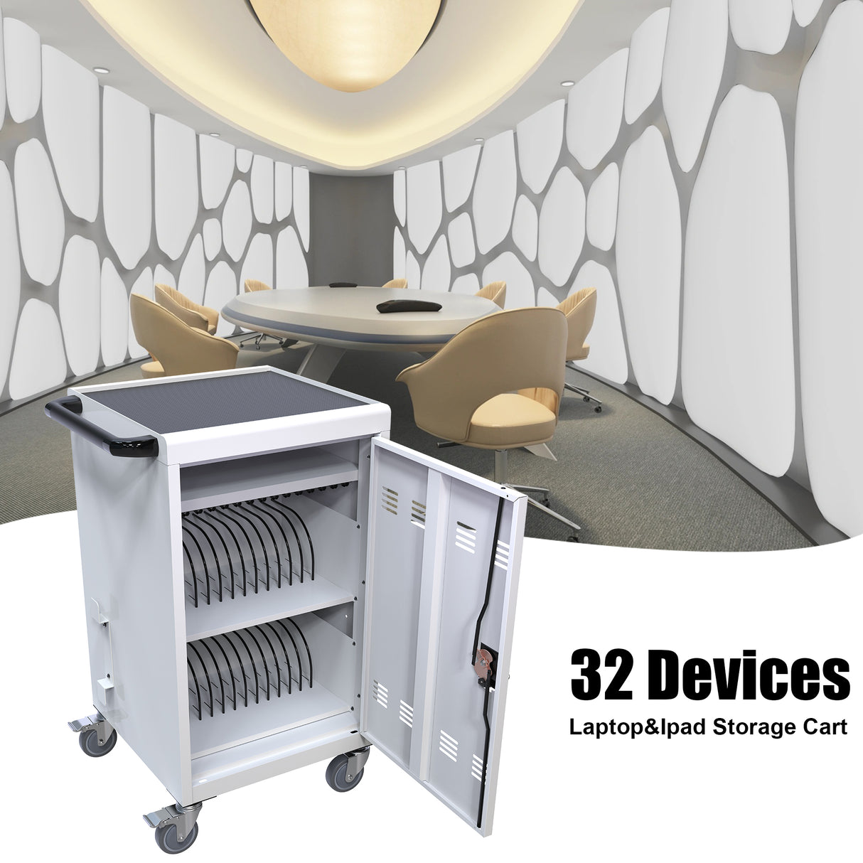 Mobile Charging Cart and Cabinet for Tablets Laptops 32-Device(White) - V.I.P Digital Presence