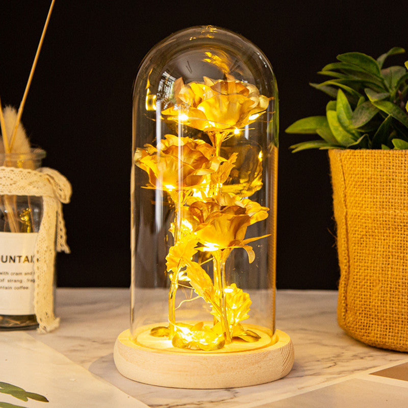 Valentine's Mother's Day Gift: Three Glass Cover Gold Foil Roses Ornament, Eternal Flower LED Night Light - V.I.P Digital Presence