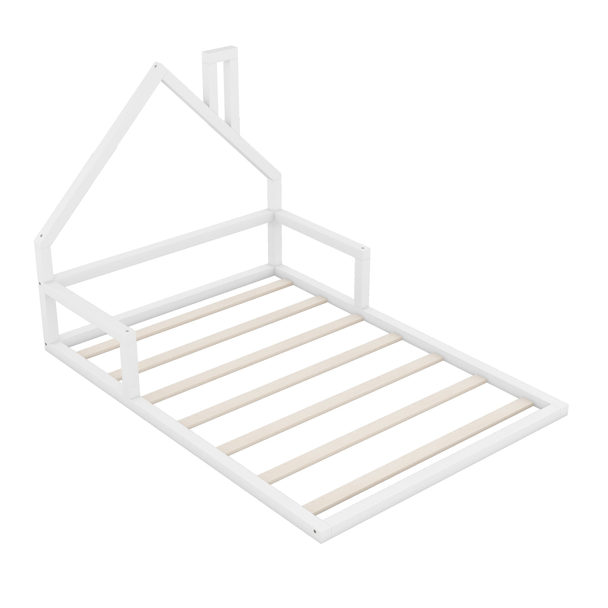 Full Size Wood Floor Bed with House-shaped Headboard White