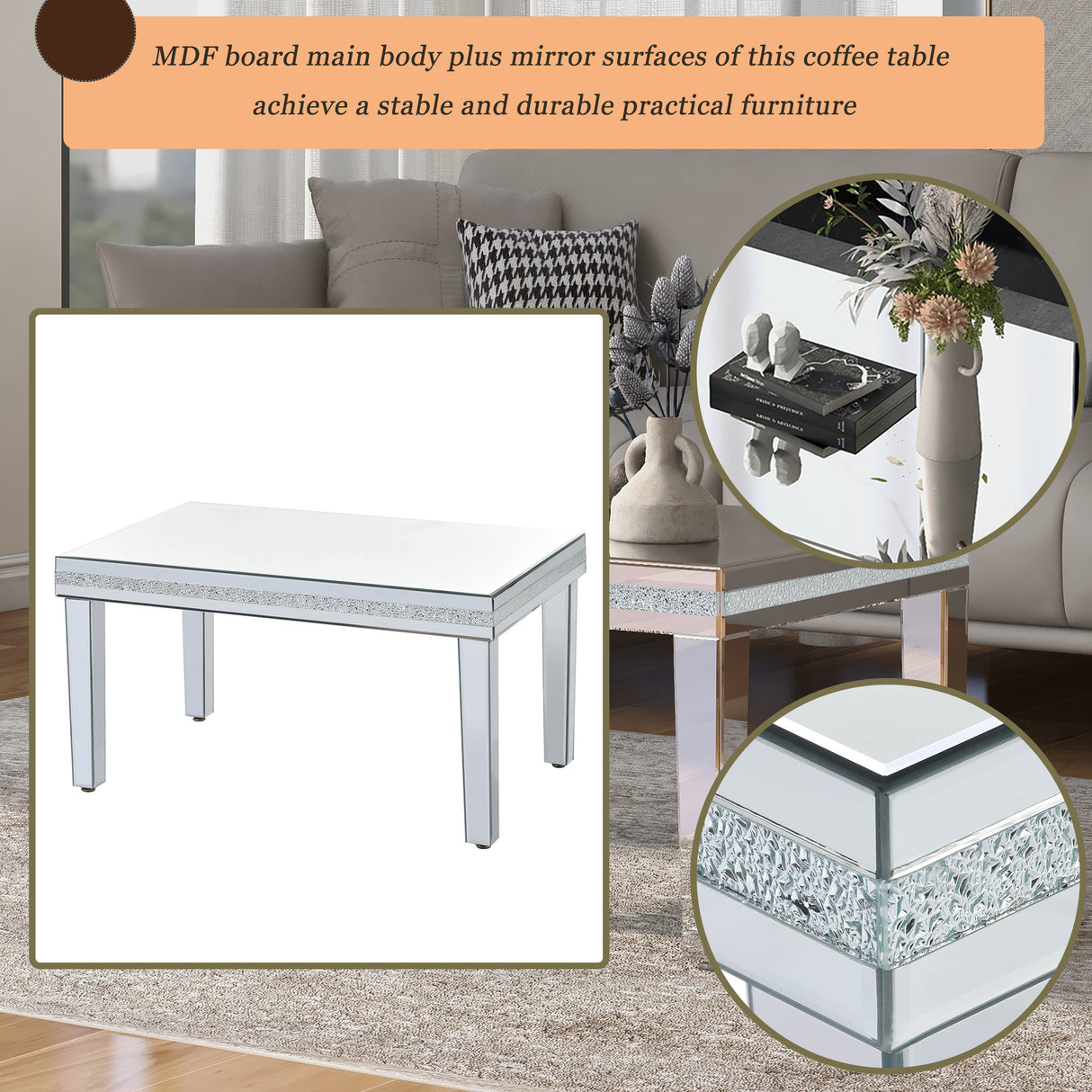 The ON-TRANS stylish modern glass mirrored coffee table features a crystal design and adjustable height legs in silver - V.I.P Digital Presence