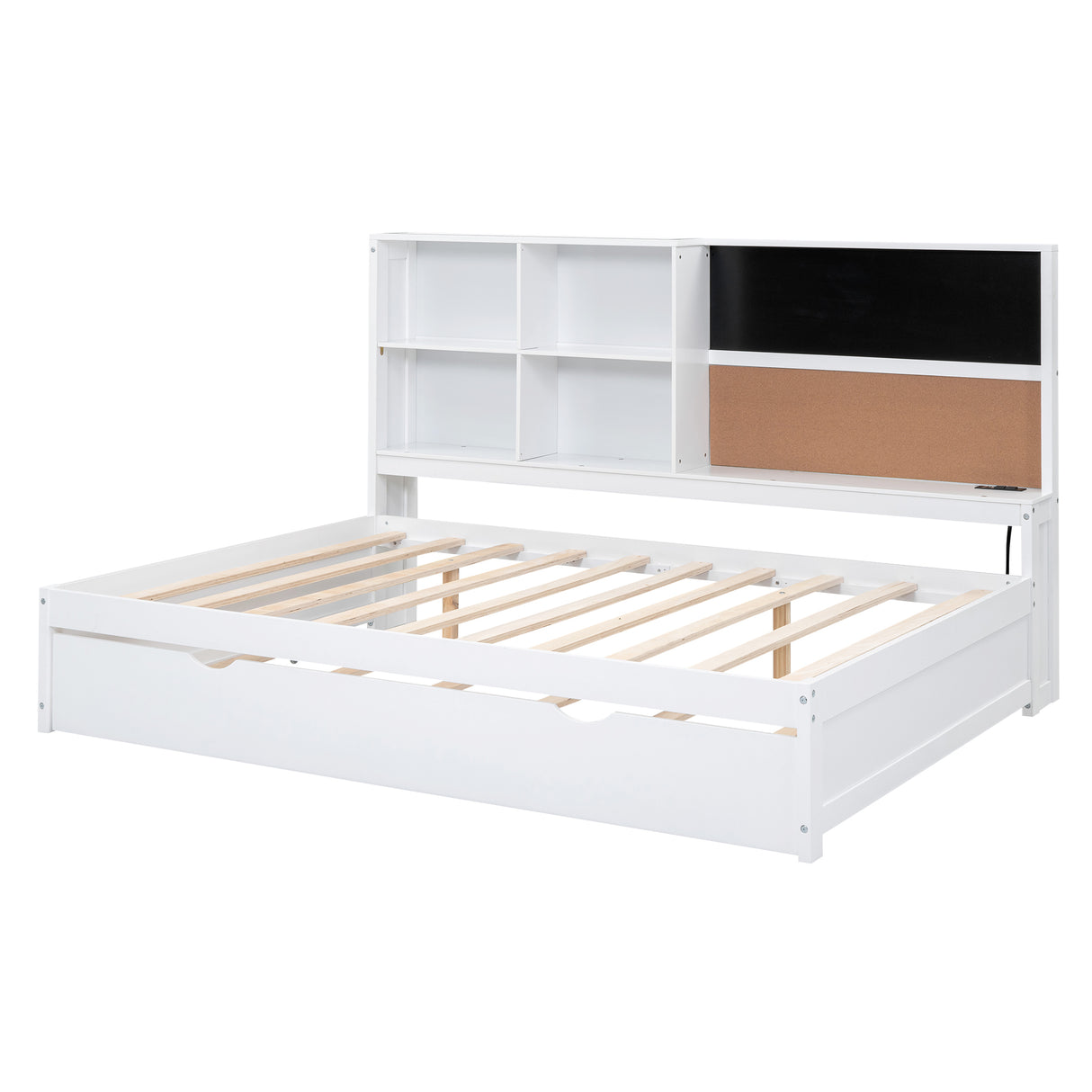 Full Size Daybed with Storage Shelves, Blackboard, Cork board, USB Ports and Twin Size Trundle White