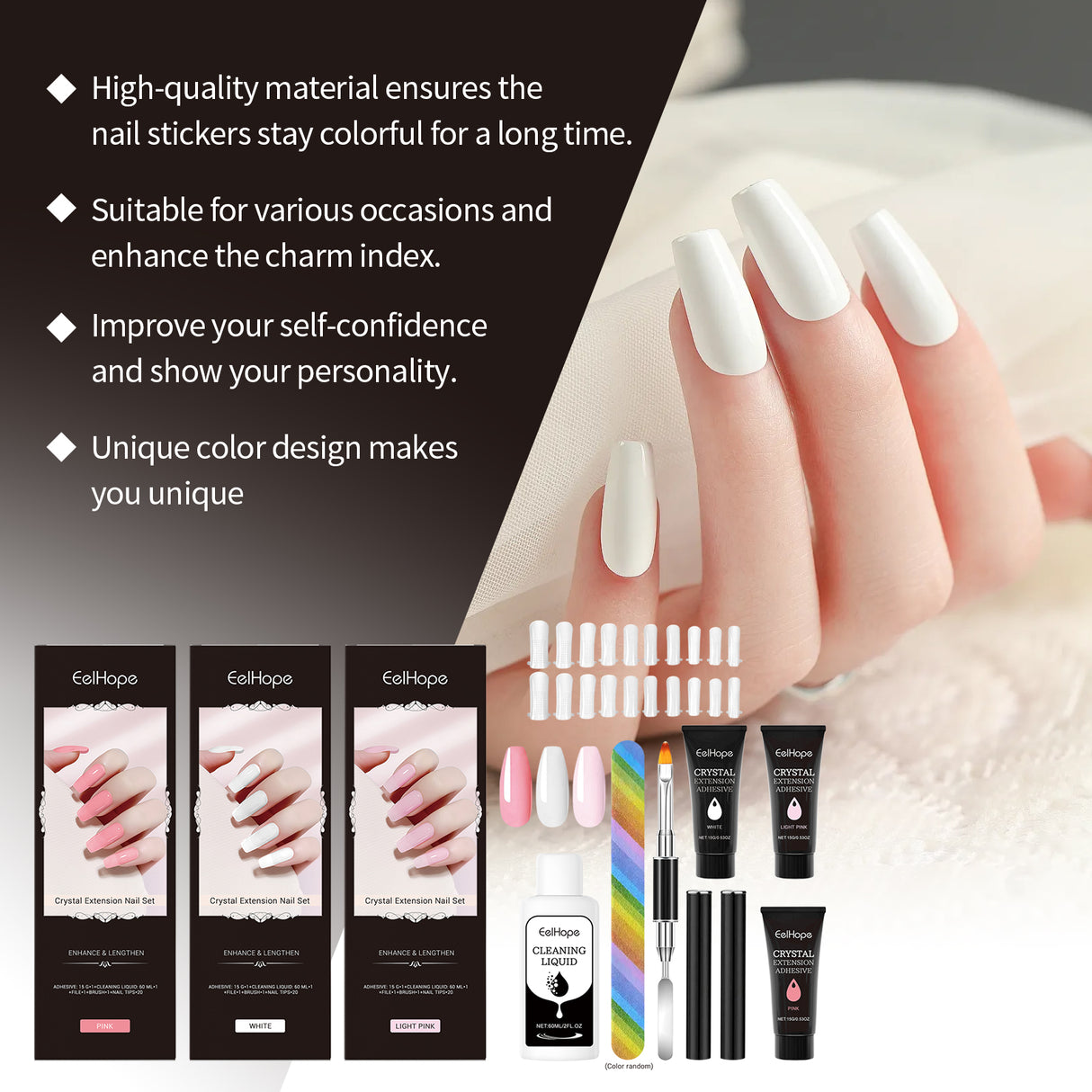 Juego de extensiones de uñas de cristal con pegamento para uñas, estilo simple, juego de herramientas para modelado tridimensional natural.