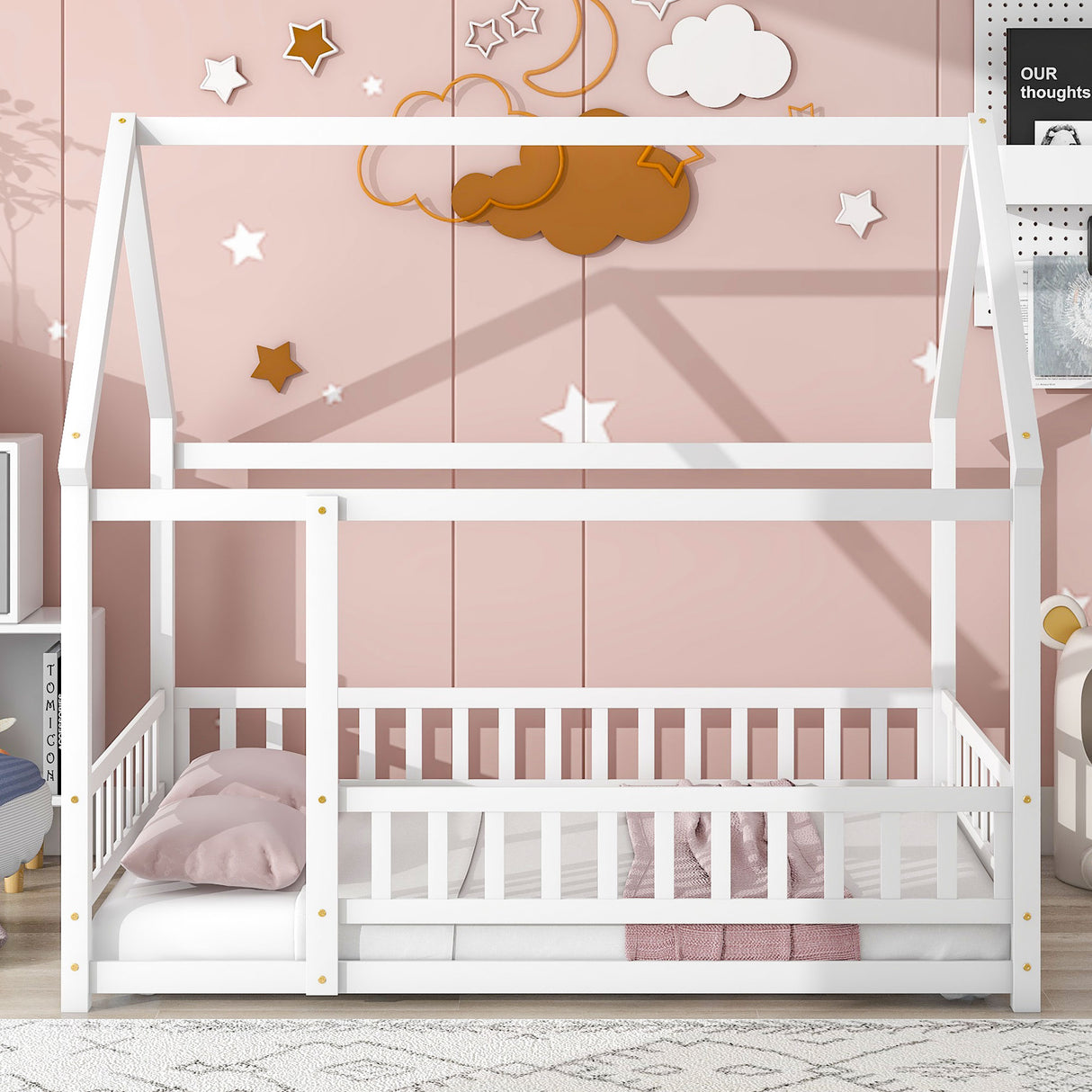 Full Size Floor Wooden Bed with House Roof Frame, Fence Guardrails ,White - V.I.P Digital Presence