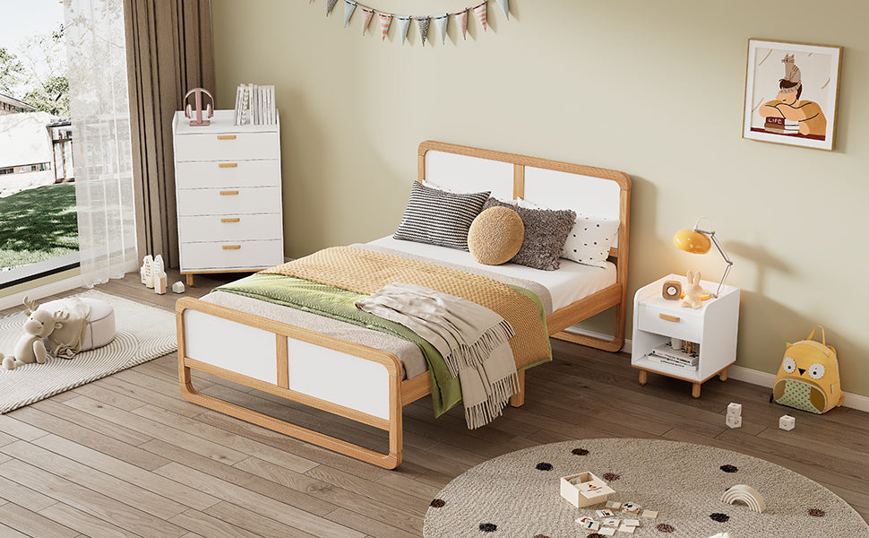 Modern Style Queen Size Solid Wood Platform Bed for Kids, Teens, Adults, No Need Box Spring, Walnut and White - V.I.P Digital Presence