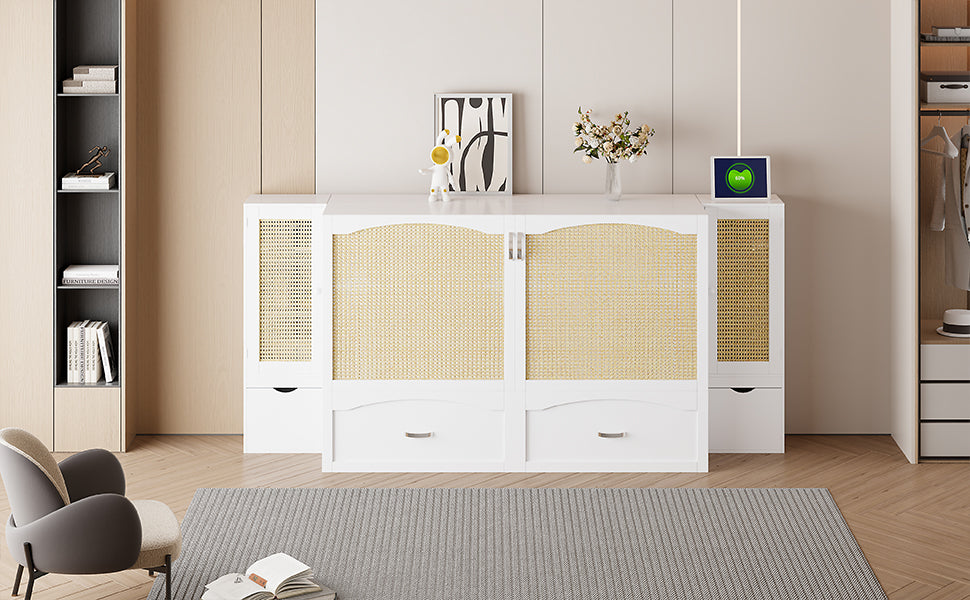 Large Murphy bed wall mounted bed with drawers, 2 storage cabinets, 1 set of sockets and USB ports, white - V.I.P Digital Presence