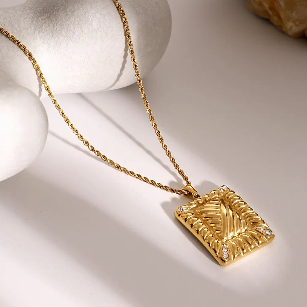 Stainless Steel Inlaid Rhinestone Rectangle Shape Pendant Necklace - V.I.P Digital Presence