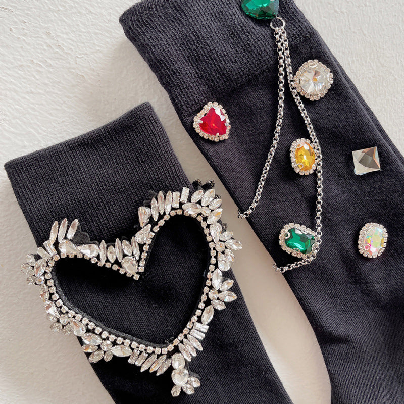 Summer and Spring European Luxury Love Diamond Black Chain Middle Tube Stacked Socks - V.I.P Digital Presence