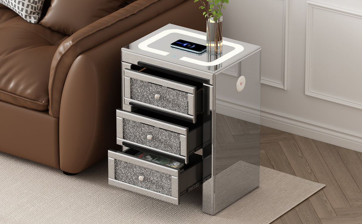 U-Can 15.7 "W silver rectangular mirror coffee table with wireless and USB charging function, LED lights, crystal style handle - V.I.P Digital Presence