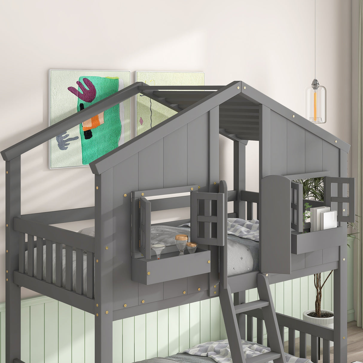 Twin over Twin House Bunk Bed with Roof , Window, Window Box, Door , with Safety Guardrails and Ladder, Grey - V.I.P Digital Presence