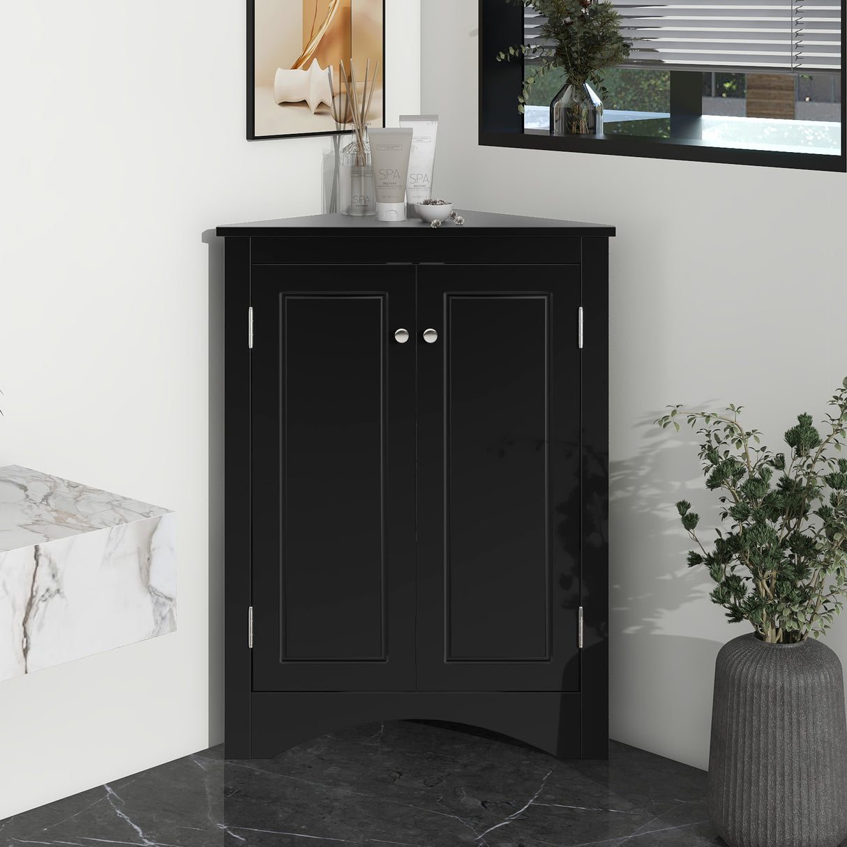 Black Triangle Bathroom Storage Cabinet with Adjustable Shelves, Freestanding Floor Cabinet for Home Kitchen - V.I.P Digital Presence