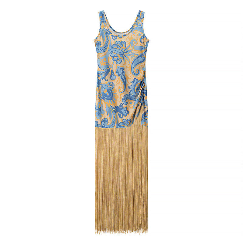 Elegant Sleeveless Printed Tassel Spliced Dress with Style - V.I.P Digital Presence