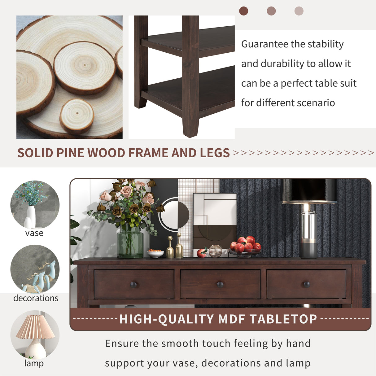 Retro Design Console Table with Two Open Shelves, Pine Solid Wood Frame and Legs for Living Room (Espresso) - V.I.P Digital Presence