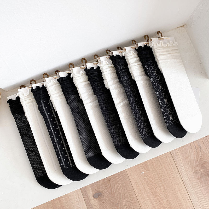 1 pair of socks for women summer thin black middle tube socks Japanese lace ballet style socks mesh breathable pile socks - V.I.P Digital Presence