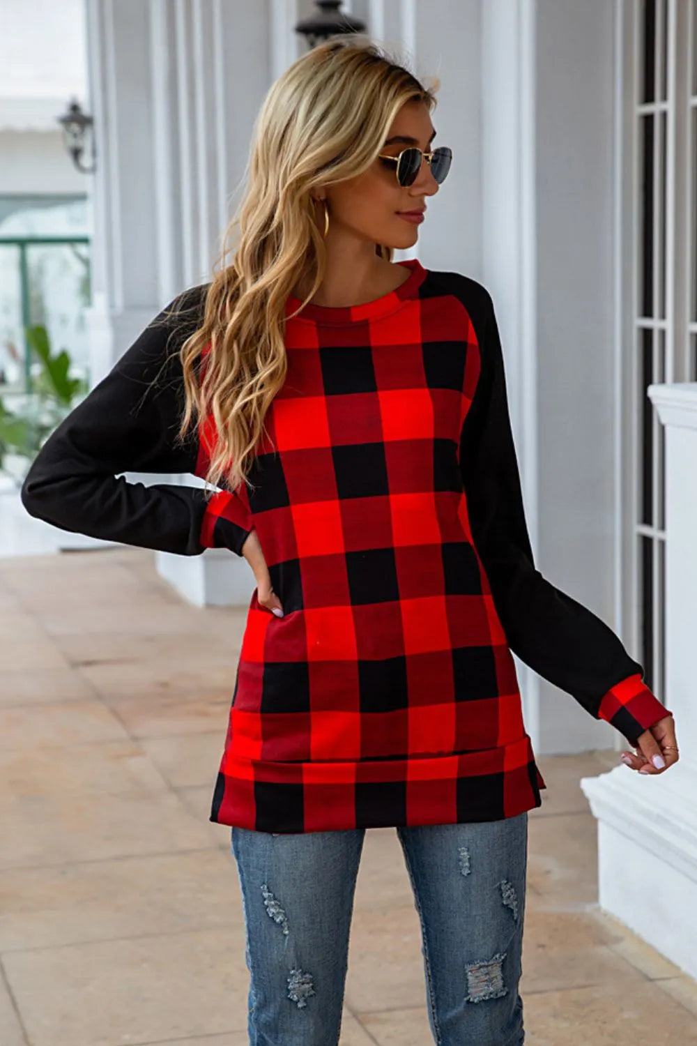 Plaid Round Neck Long Sleeve T-Shirt - V.I.P Digital Presence