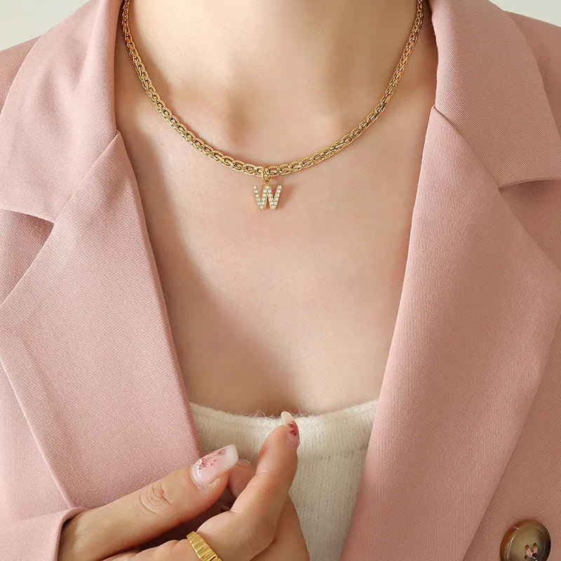 Brass Inlaid Zircon Letter Pendant Necklace - V.I.P Digital Presence