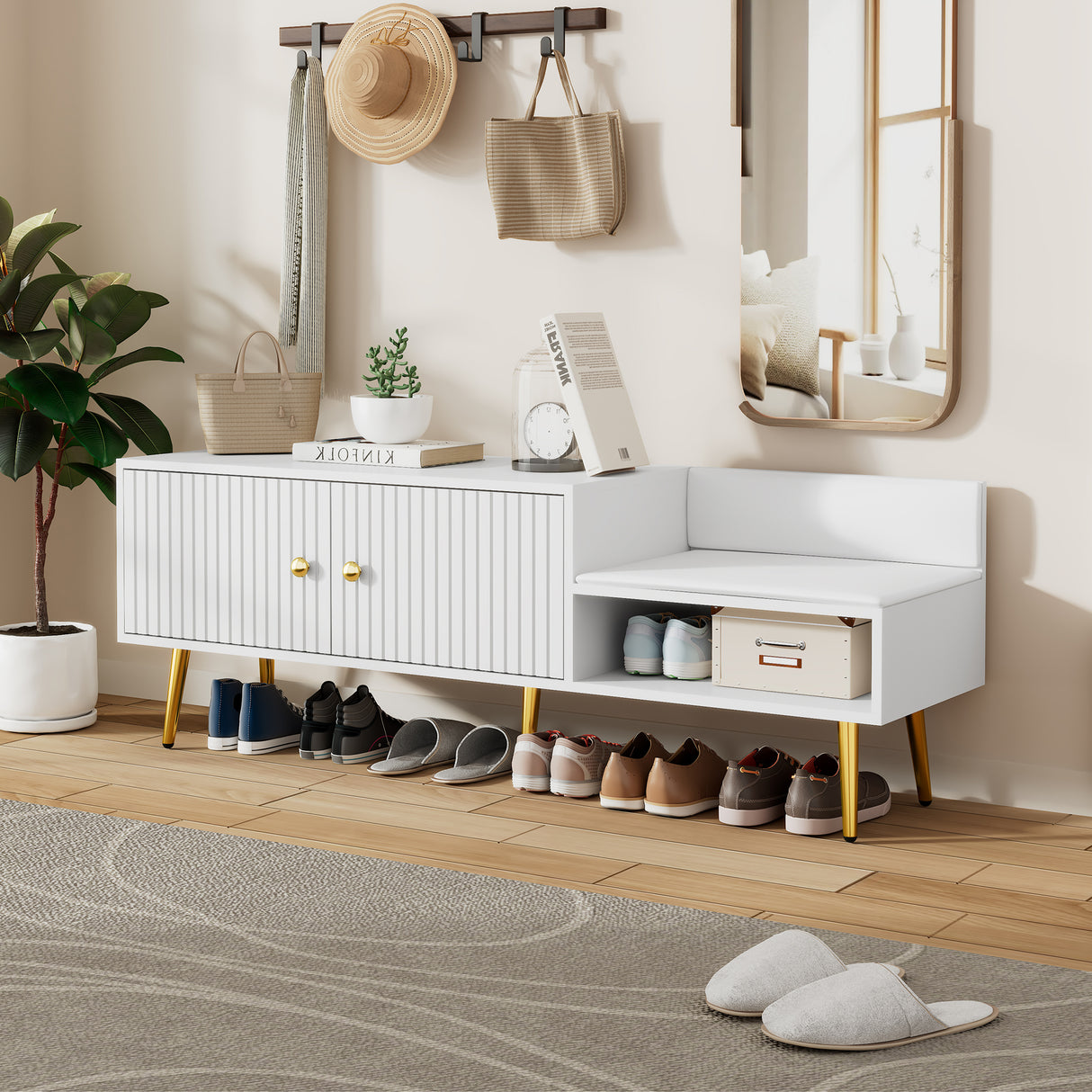 Modern Shoe Storage Bench with Hidden Storage and Upholstered Cushions for Bedside, Living Room and Entryway (White) - V.I.P Digital Presence