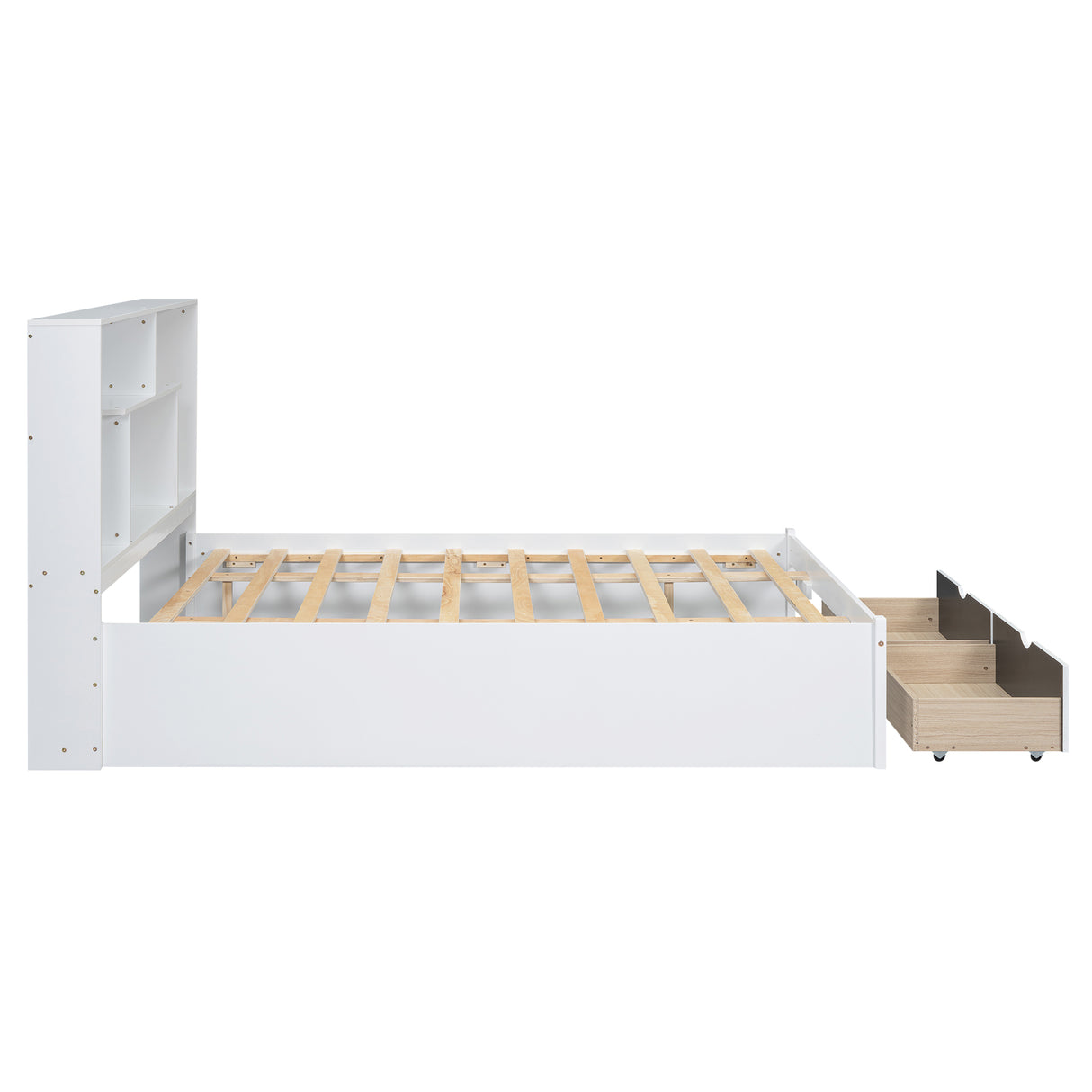 Queen Size Platform Bed with Storage Headboard and 2 Drawers, White - V.I.P Digital Presence