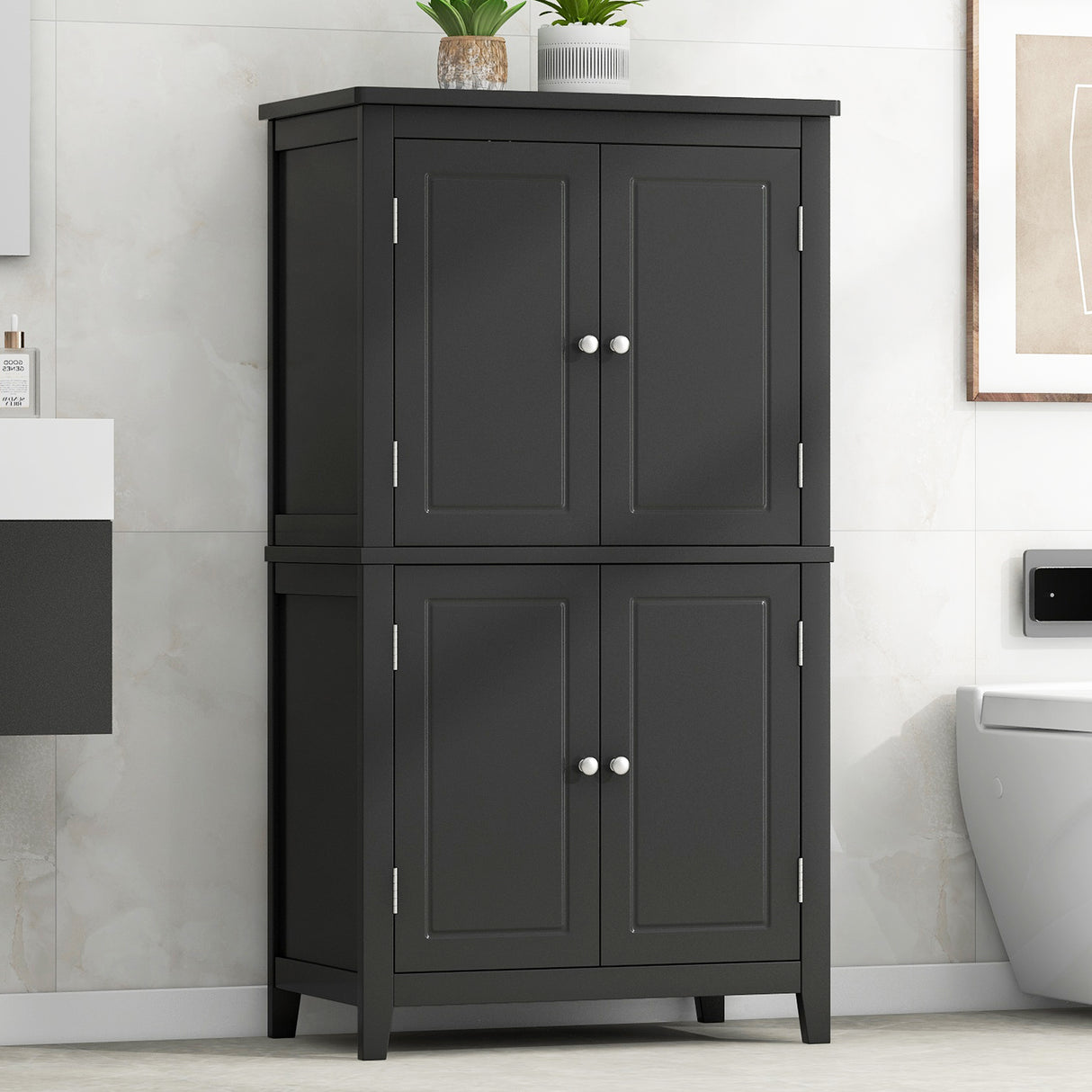 Bathroom floor storage cabinet, bathroom storage cabinet, 4-door independent cabinet, adjustable shelf, adaptive shelf, black - V.I.P Digital Presence
