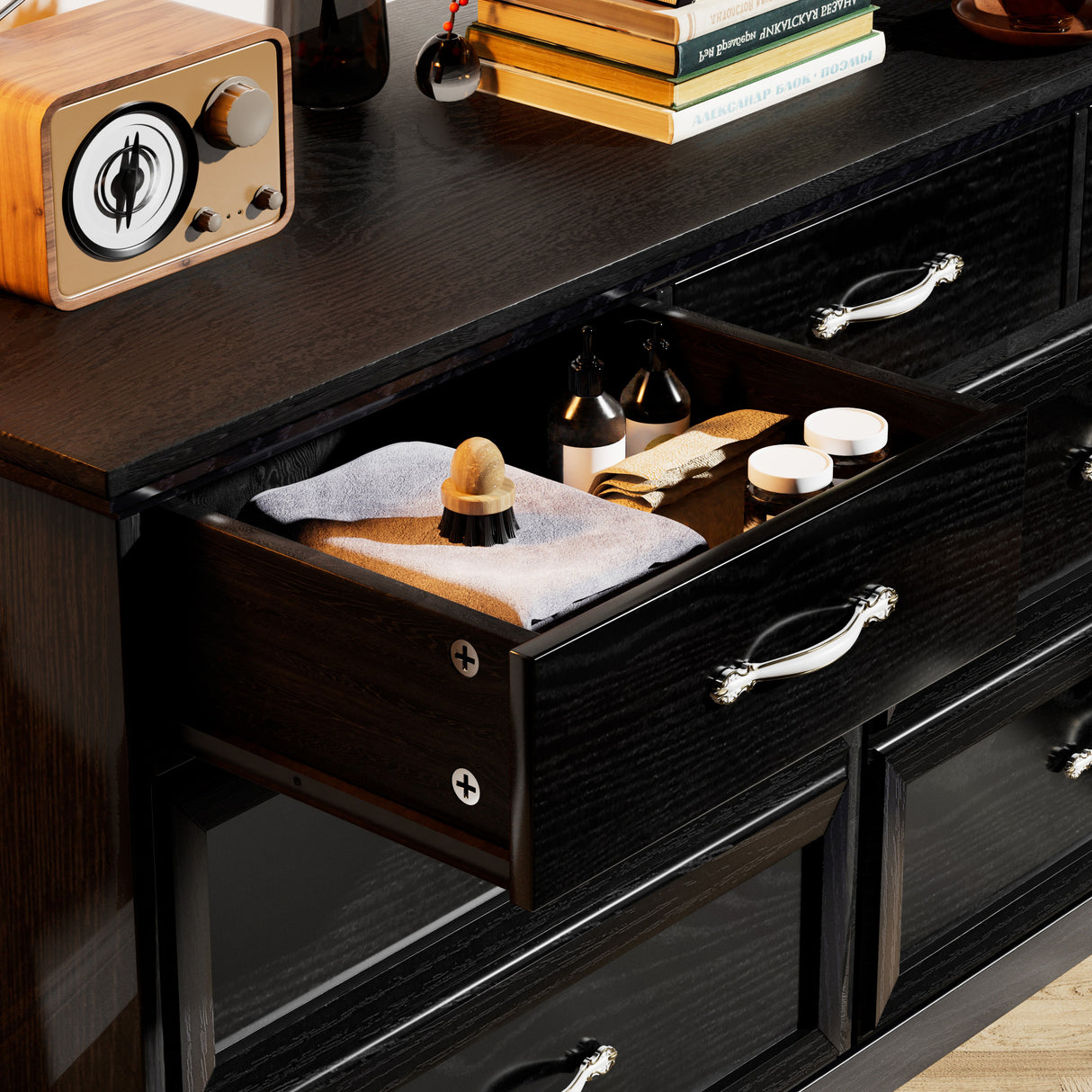 Modern 3 Drawer Bedroom Chest of Drawers with 7 Drawers Dresser, Clothes Organizer -Metal Pulls Black, 47.6″L x 15.7″W x 26.6″H - V.I.P Digital Presence