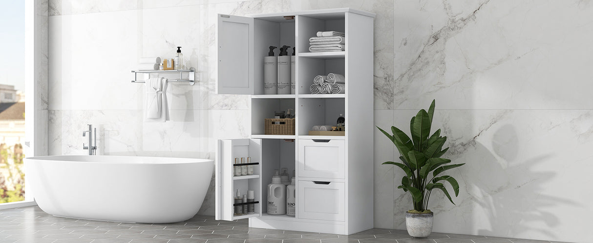 Bathroom storage cabinet with doors and drawers, multiple storage spaces, independent, open adjustable shelves, white - V.I.P Digital Presence