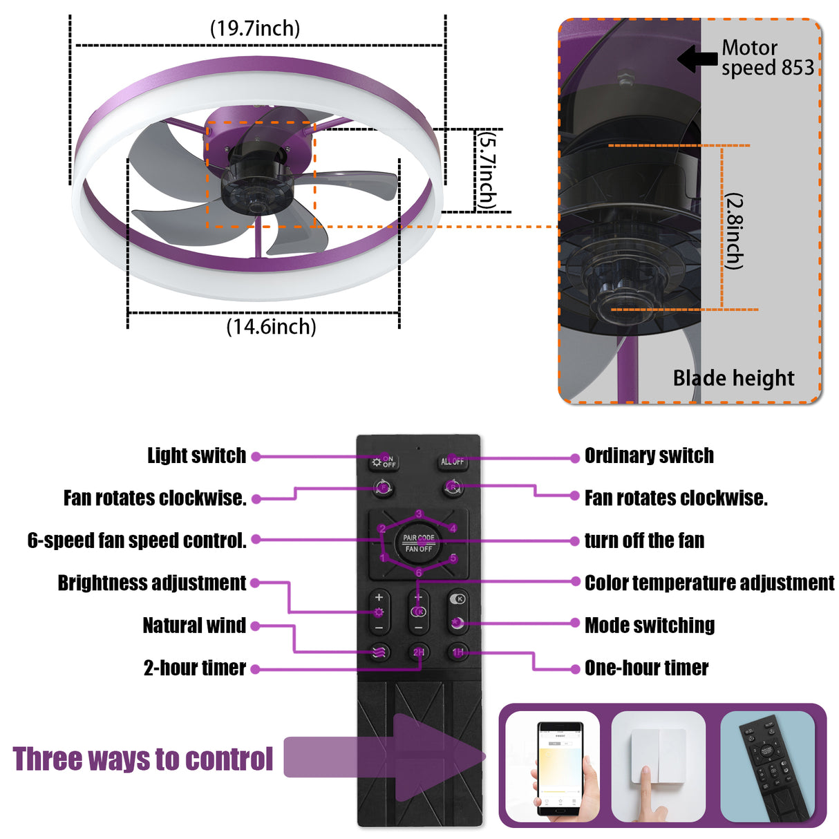 Ceiling Fans with Lights Dimmable LED Embedded installation of thin modern ceiling fans(Purple) - V.I.P Digital Presence