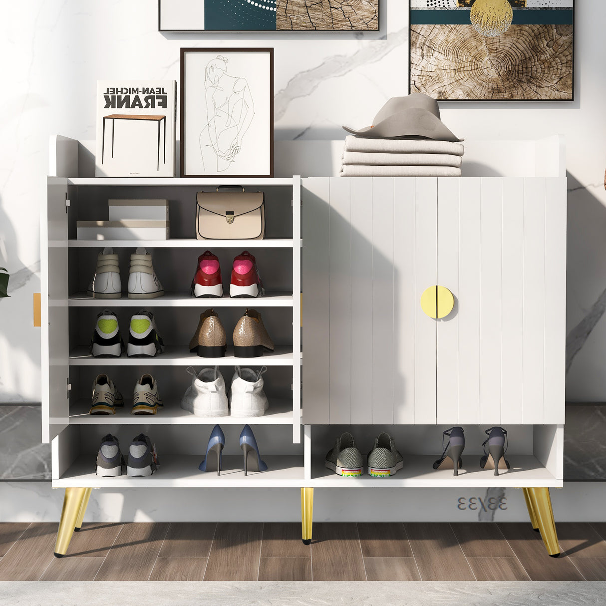 U-Can shoe cabinet with door, 11 layers with adjustable shelves, modern wooden shoe cabinet (PVC surface) - V.I.P Digital Presence