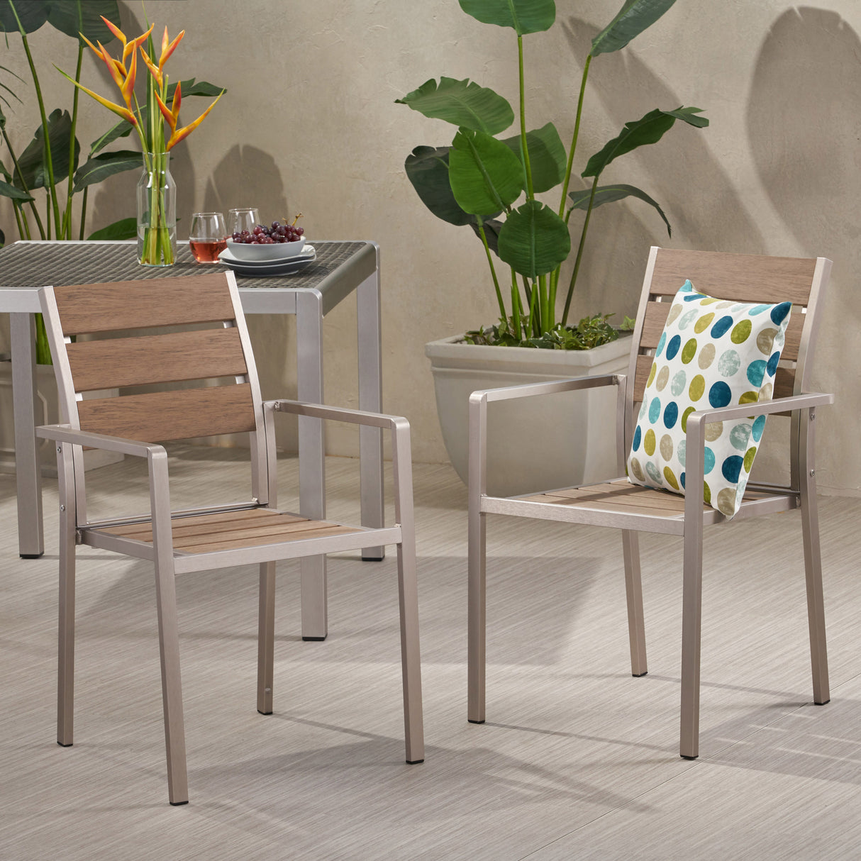 Outdoor Modern Aluminum Dining Chair with Faux Wood Seat (Set of 2), Natural and Silver - V.I.P Digital Presence