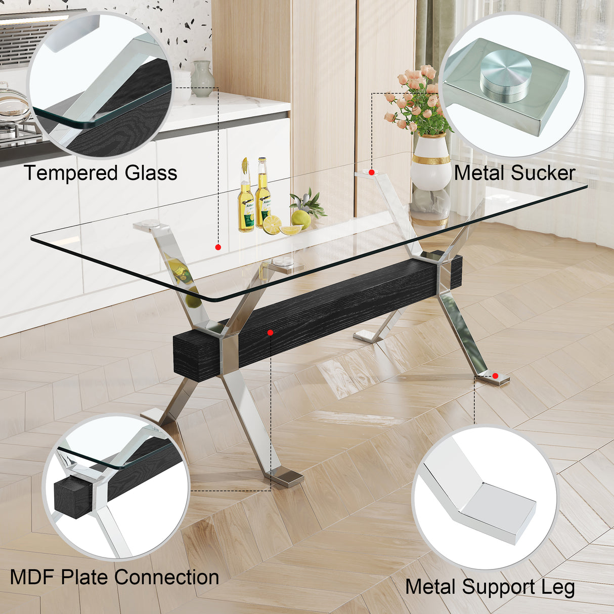 Dining table Modern tempered glass dining table Large modern office desk with silver plated metal legs and MDF crossbars - V.I.P Digital Presence